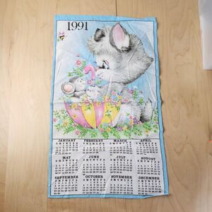 Vtg 1991 Cat & Mouse Springtime Linen Cloth Wall Calendar Hanging Kitchen Decor